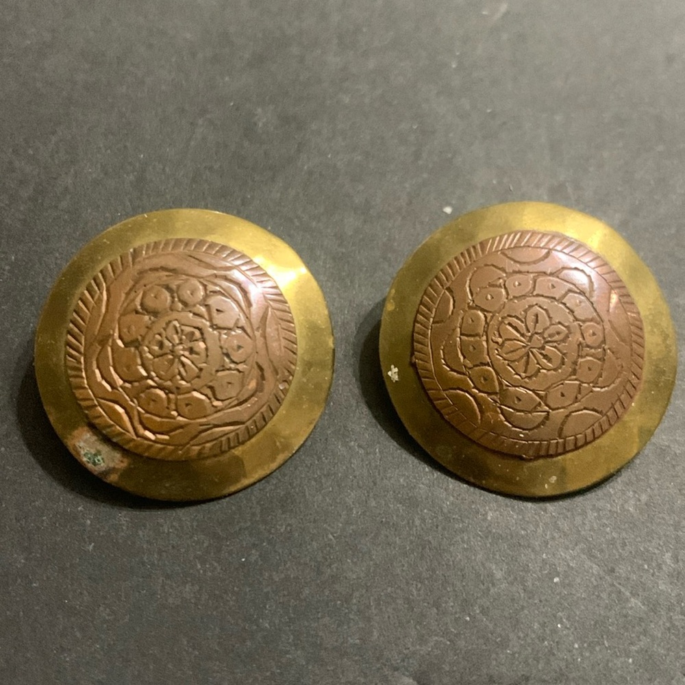Antique Brass & Copper disk earrings clip